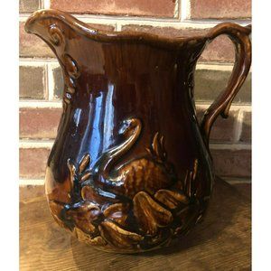 Antique 9" Bennington Stoneware Pitcher Rockingham Glaze, Swan & Cattails